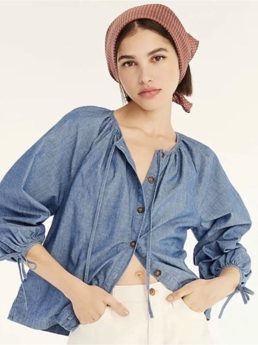 J. Crew 100% Cotton Denim Button-Front Peasant Top